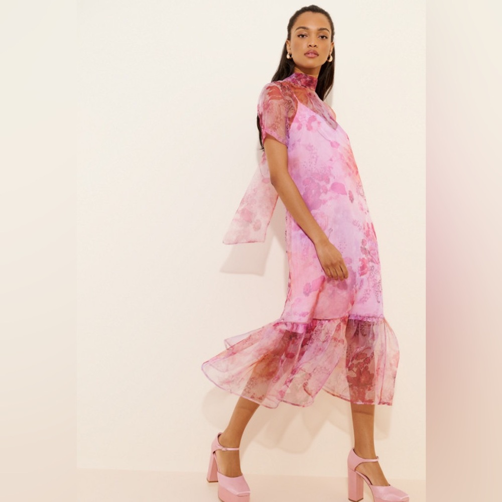 BHLDN SHEER FLORAL HIGH NECK DRESS